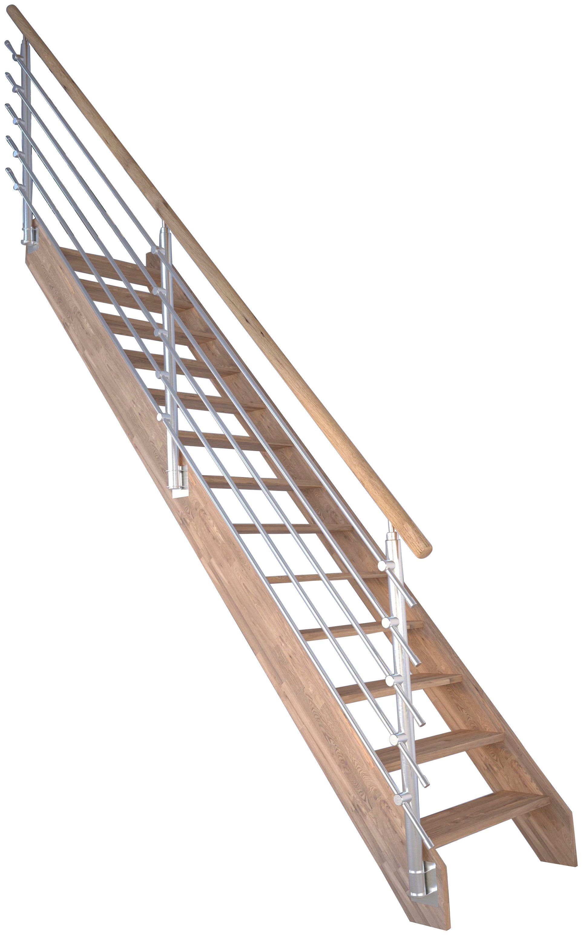 Starwood Raumspartreppe Massivholz Rhodos, Design-Geländer Edelstahl, für Geschosshöhen bis 300 cm, Stufen offen, Durchgehende Wangenteile