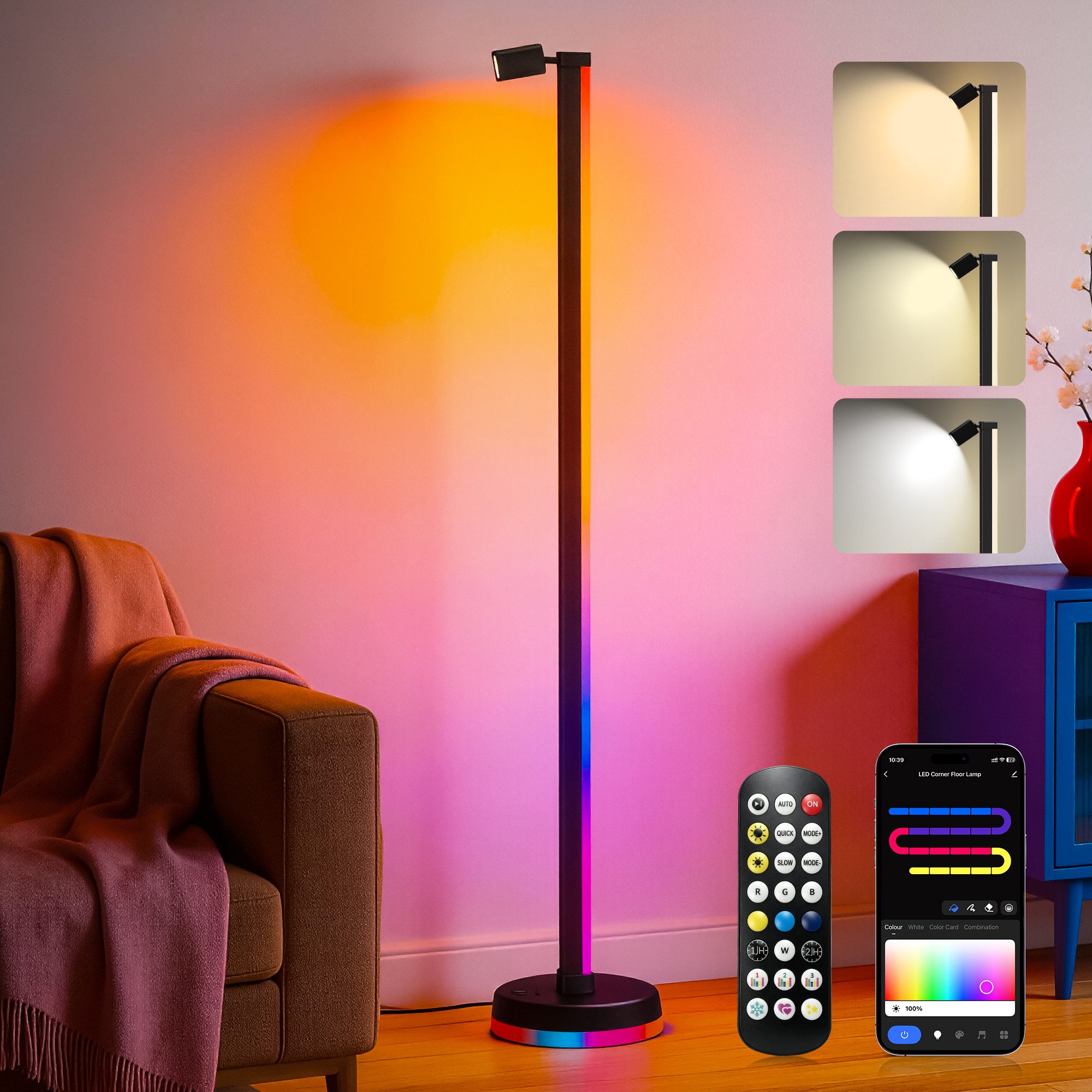 Mai & Mai LED Stehlampe LED Stehleuchte dimmbar mit Leselampe Wohnzimmer Schwarz Lineora-02, LED fest integriert, RGB + Warmweiß, Farbwechsel,16 Mio. Farben,Musik-Sync,Timer,Sprachsteuerung