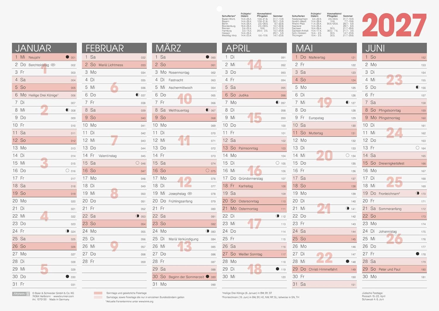BRUNNEN Buchkalender BRUNNEN Tafelkalender 2027, A3 quer