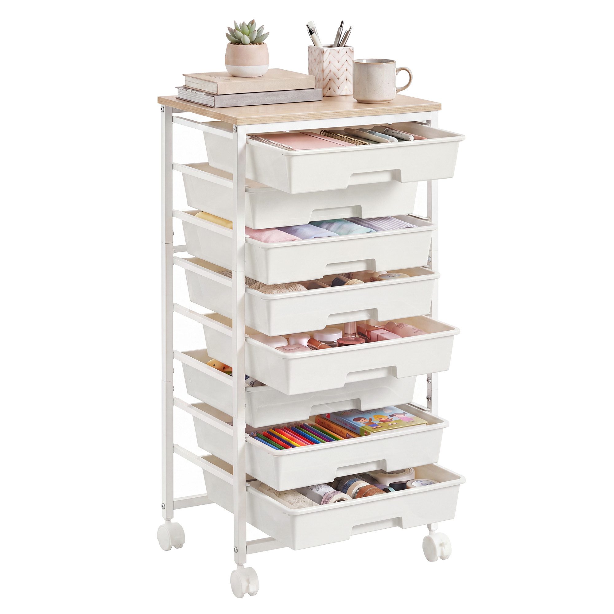VASAGLE Beistellwagen Rollwagen mit Schubladen, Rollcontainer, Organizer für Küche und Bad, 8 Ebenen Nischenwagen mit Rollen, 39,5 x 28,5 x 76,5 cm