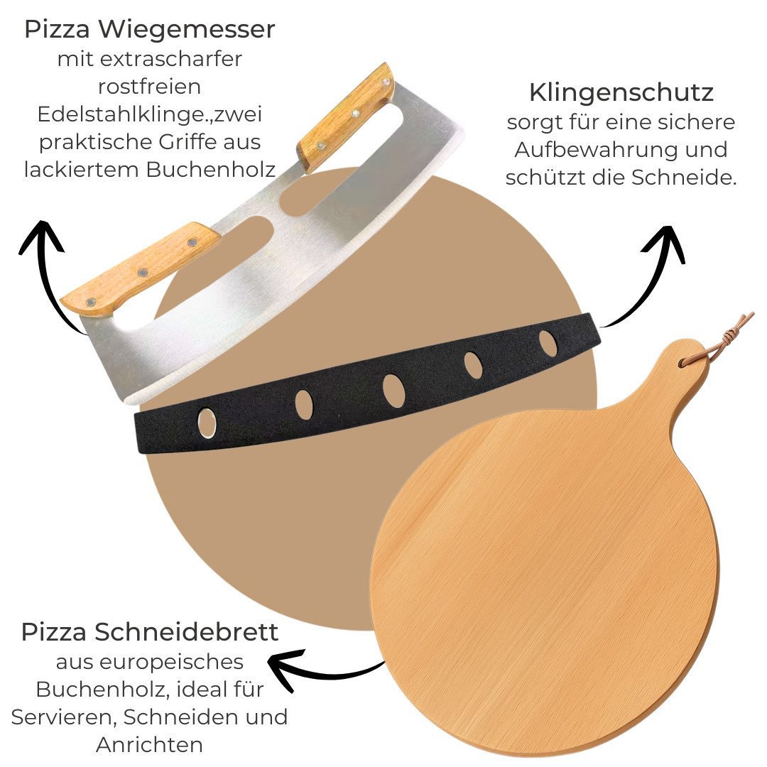 Topanbieter999 Pizzaschneider verschiedene Ausführungen, Set mit Pizzabrett inkl. Lederband zum aufhängen und Klingenschutz – Bild 4 von 5