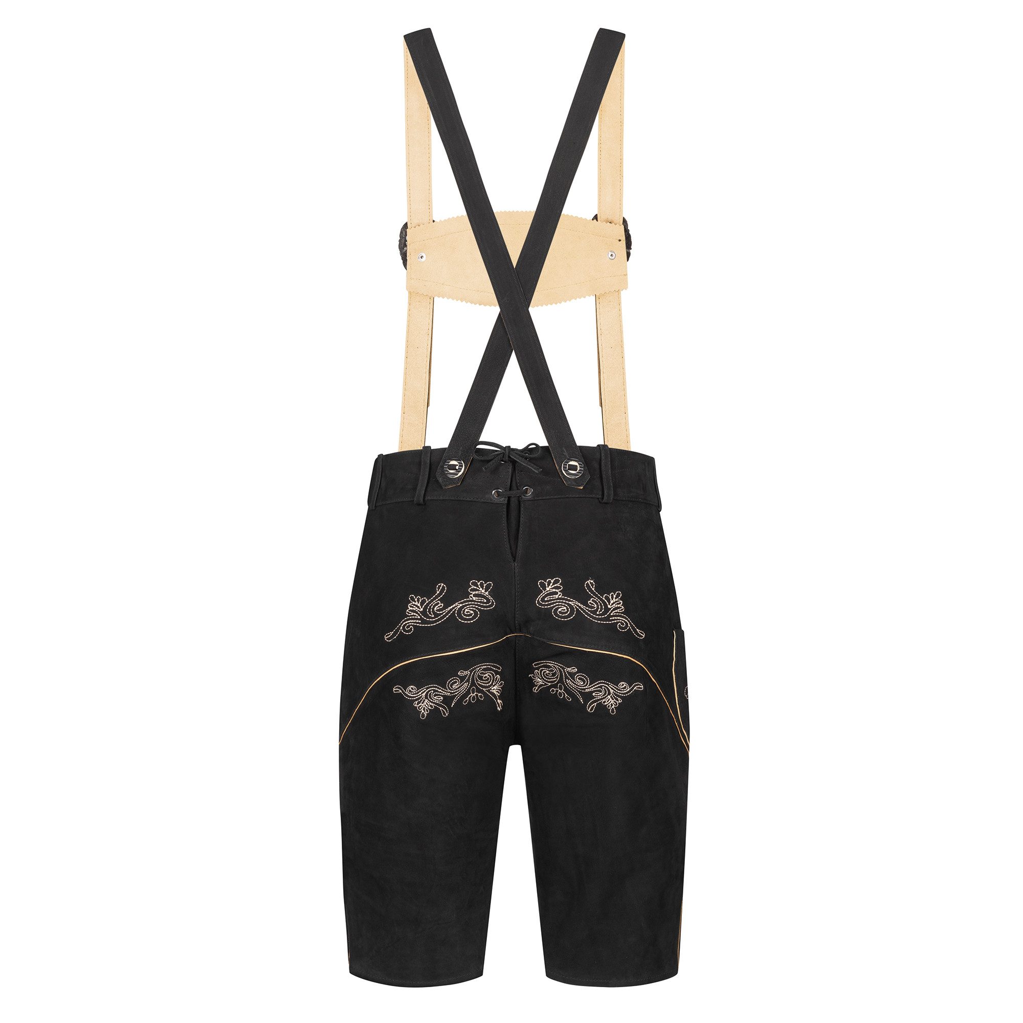 BOHMBERG Trachtenlederhose Damen Trachtenhose Knielang Echtleder mit Hosenträgern Schwarz