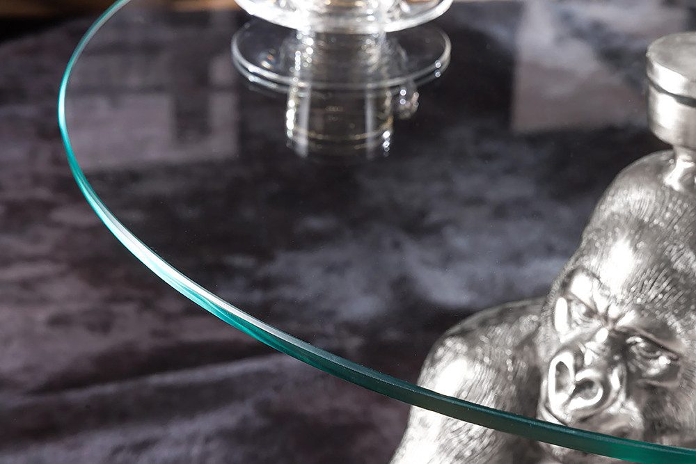 riess-ambiente Couchtisch WILDLIFE KONG 60cm silber / transparent (Einzelartikel, 1-St), Wohnzimmer · Glas · Metall · rund · Affenfigur · Gorilla-Skulptur