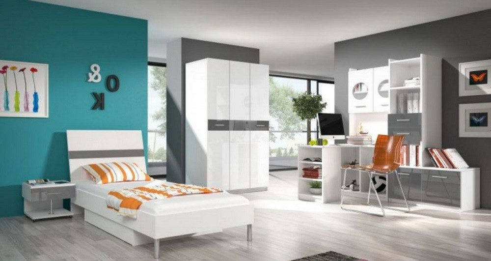 Jugendzimmer-Set Weißes Jugendzimmer-Set mit Bett, Schreibtisch und Kleiderschrank