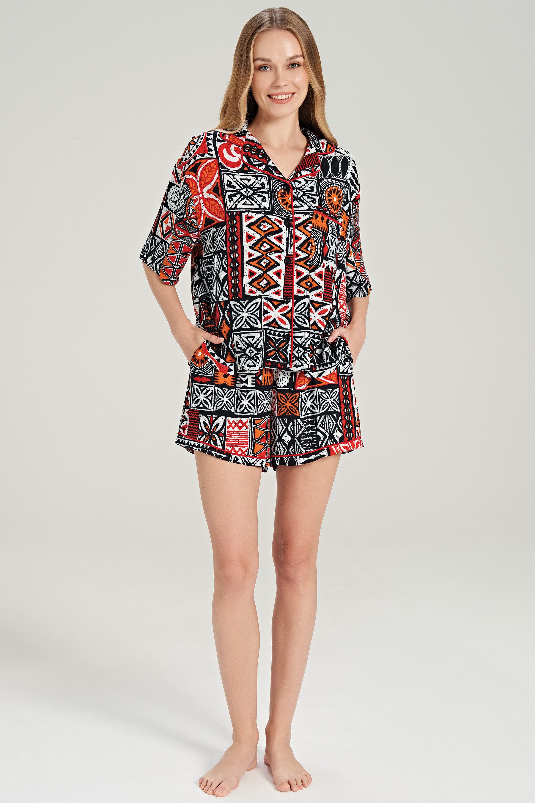 FEYZA Pyjama Damen Pyjama-Set mit Ethno-Muster aus Viskose, Knopfleiste