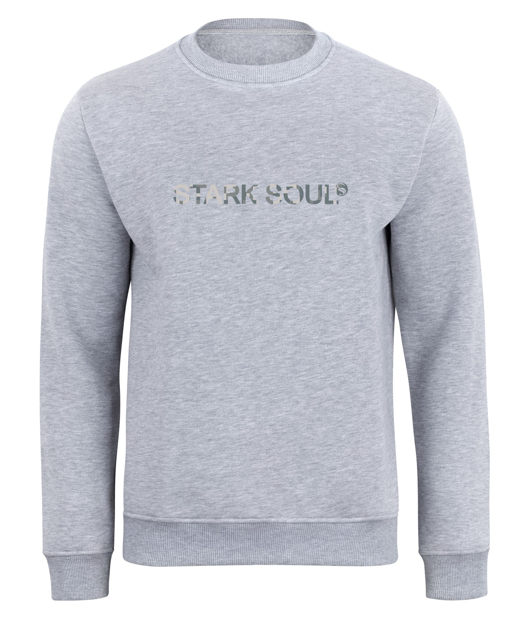 Grau-Melange Innen Stark Soul® Soul®"-Schriftzug "Stark angeraut mit French-Terry-Rundhals-Sweatshirt, Camouflage-Optik in Sweatshirt