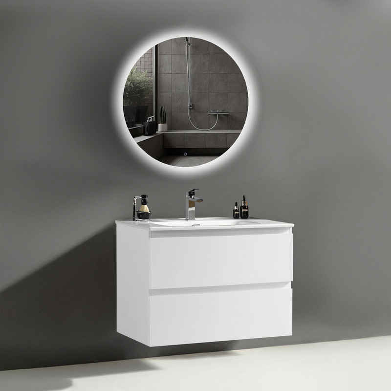 Alpenberger Badmöbel-Set - Badschrank Badezimmer Schrank, (LED Spiegel Rund mit Beleuchtung, Waschbecken mit Unterschrank), Badezimmermöbel Set mit Badspiegel