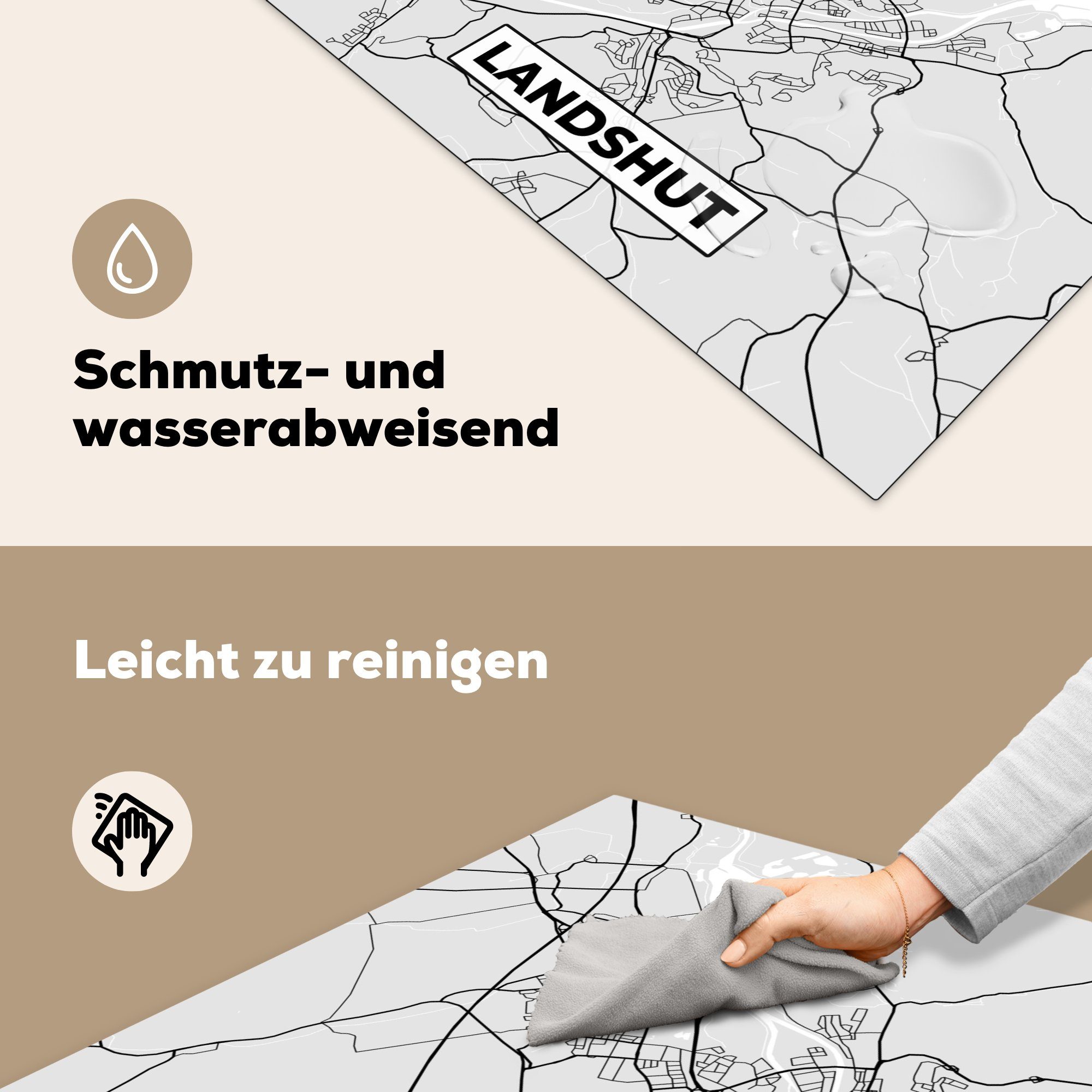 cm, (1 tlg), Ceranfeldabdeckung, Herdblende-/Abdeckplatte Vinyl, MuchoWow Landshut - Stadtplan, - Arbeitsplatte Karte - Karte - küche für Deutschland 78x78