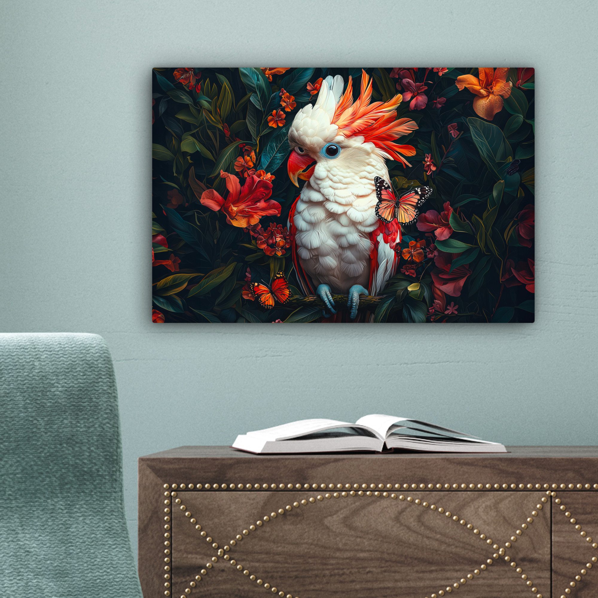 OneMillionCanvasses® Leinwandbild Kakadu - Schmetterlinge - Blumen - Federn - Tier, Fotodruck (1 St), Leinwand Bilder Klein, Wand Dekoration Aesthetic 30x20 cm – Bild 3 von 5