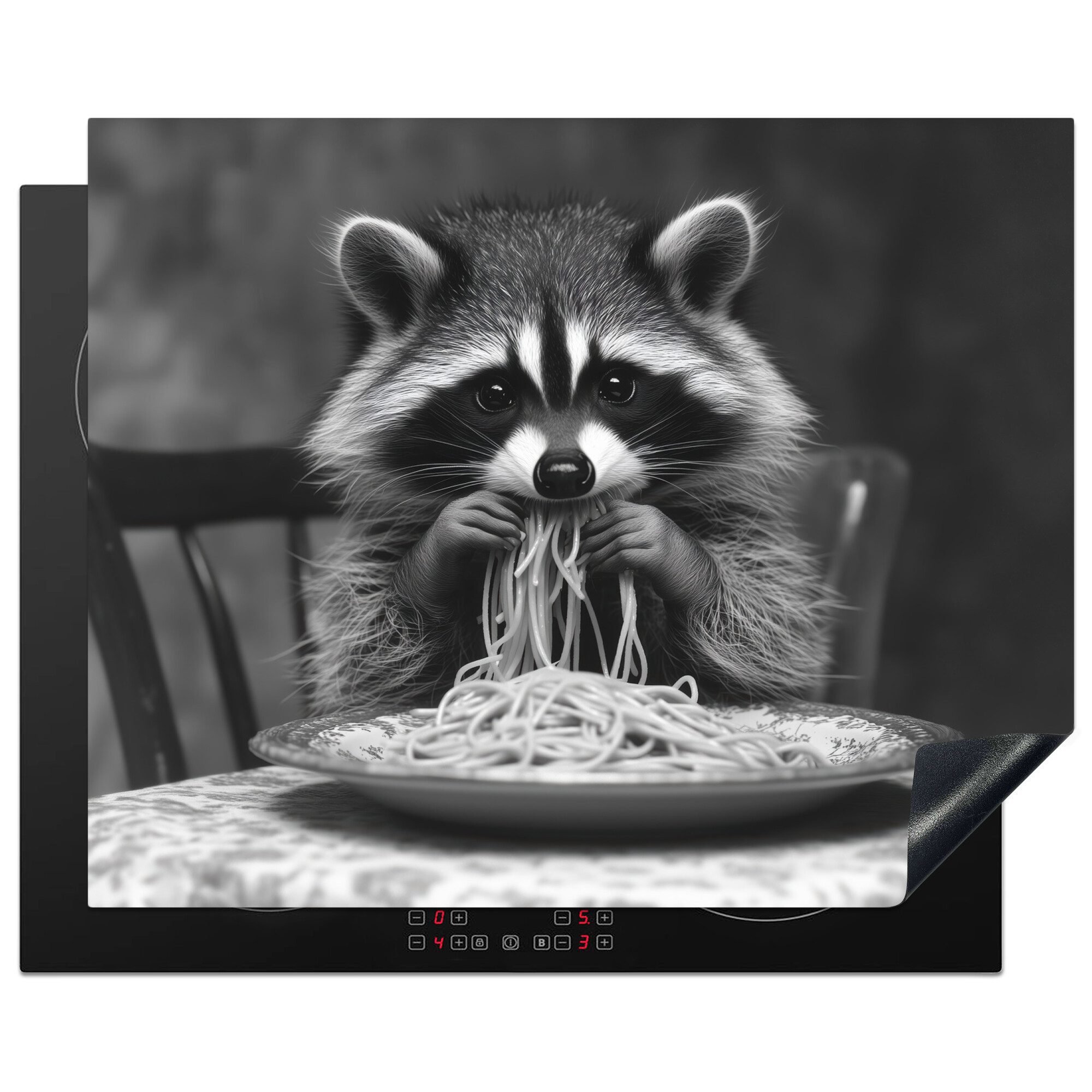 MuchoWow Herd-Abdeckplatte Waschbär - Niedlich - Pasta - Tischtuch - Schwarz - Weiß, Vinyl, (1 tlg), Herdabdeckplatten für Ceranfeld, Induktionsschutz, 65x55 cm