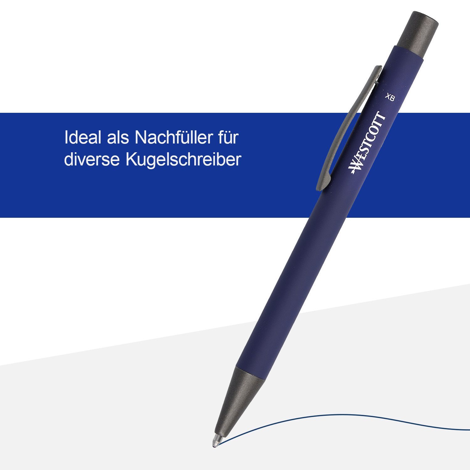 WESTCOTT Kugelschreibermine G2 Nachfüllpack Blau 10 Stück, Kugelschreiberminen XB 1,4 mm, kompatibel mit ISO Standard G2, dokumentenechte Tinte