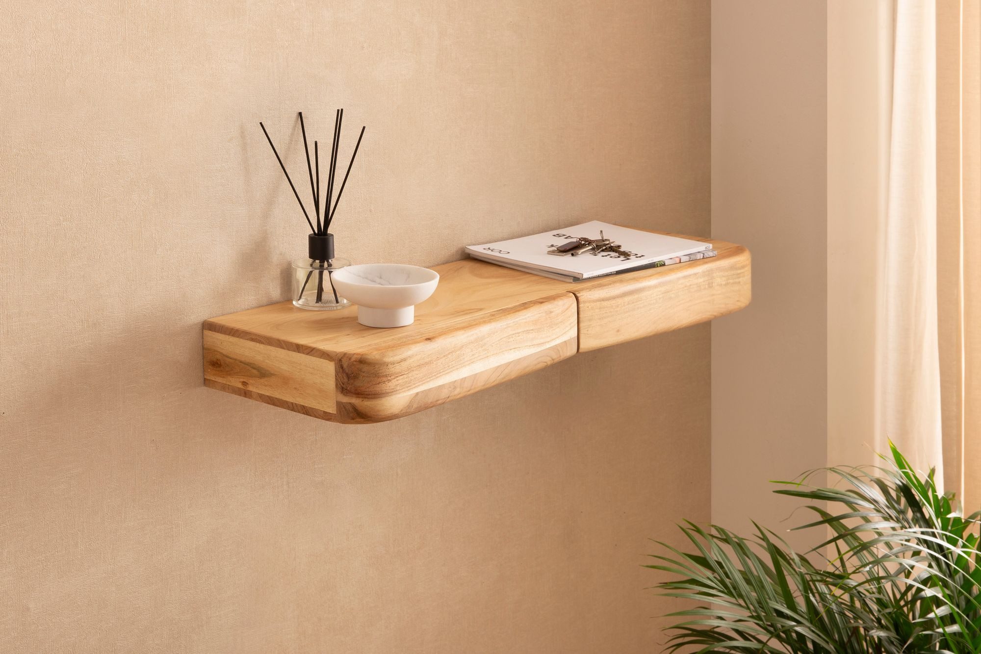 FINEBUY Wandregal FB74739 Schweberegal Akazie Massivholz 80cm Regal Wandboard Schubladen, Massivholz Wandregal mit Schubladen, Praktische Ablage für moderne Wohnräume