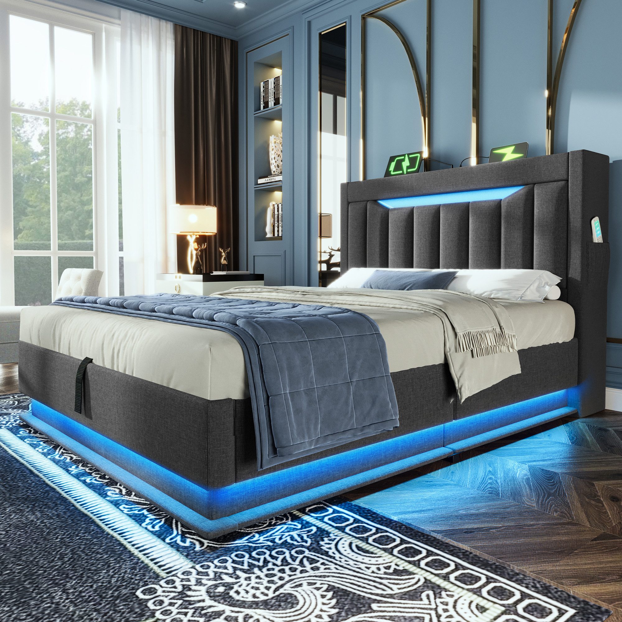 Flieks Polsterbett, hydraulisches Stauraumbett 90x200cm mit LED und Ladefun günstig online kaufen