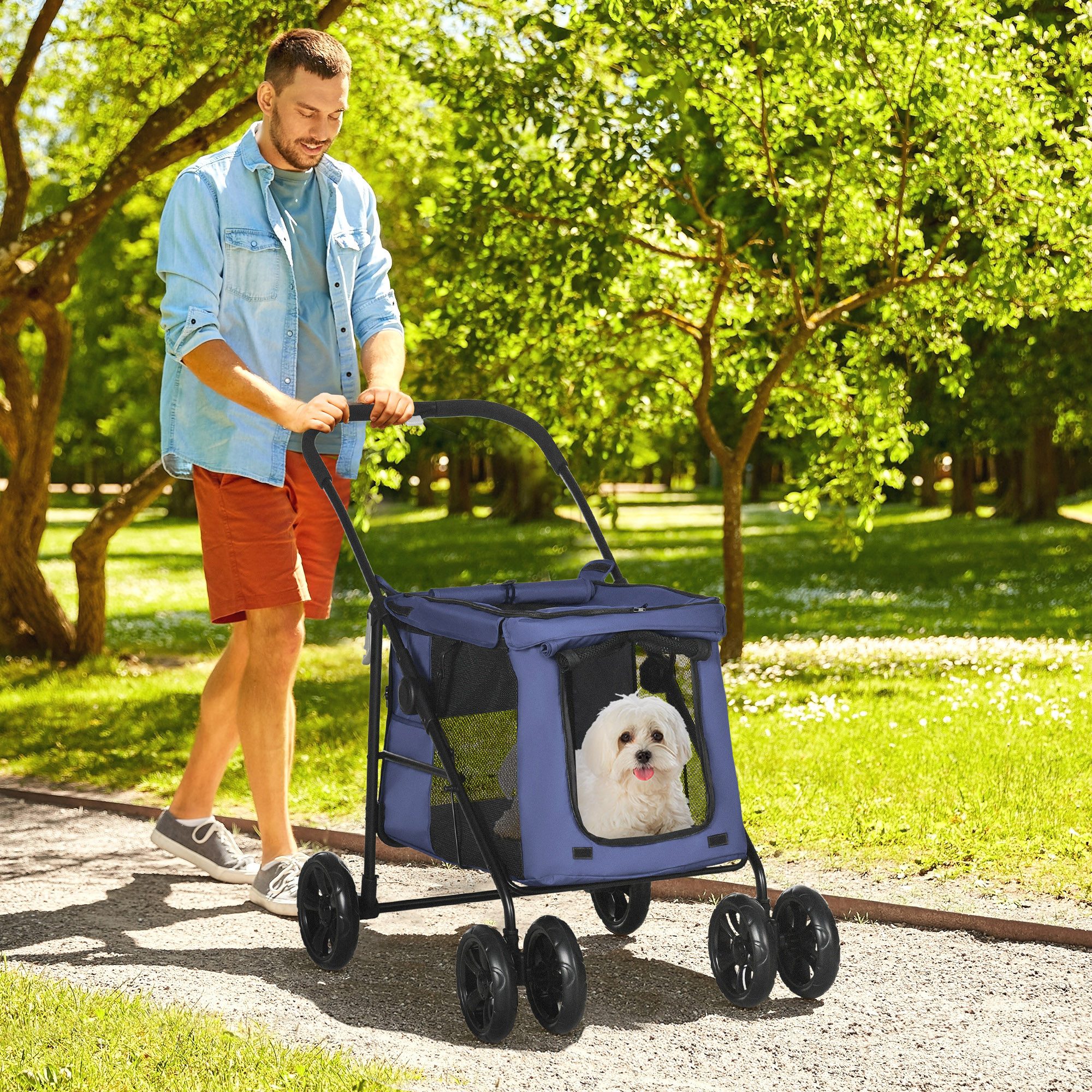 PawHut Hundebuggy Hundewagen, Katzenbuggy, mit Seitentaschen, Netzfenster, (Hundetrolley, 1-tlg), für kleine und mittelgroße Hunde bis 20 kg, Oxford-Gewebe, Blau