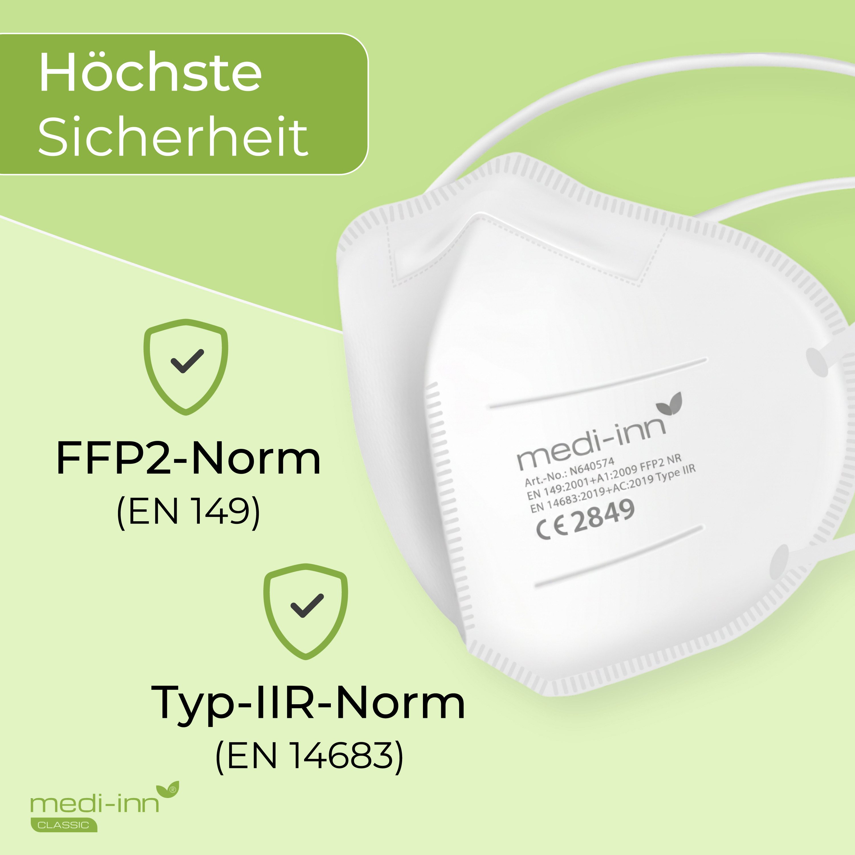 Medi-Inn CLASSIC Filtrierende Halbmasken FFP2 Atemschutzmasken FFP2 NR, Typ IIR, 3-lagig, weiß, 50-St.