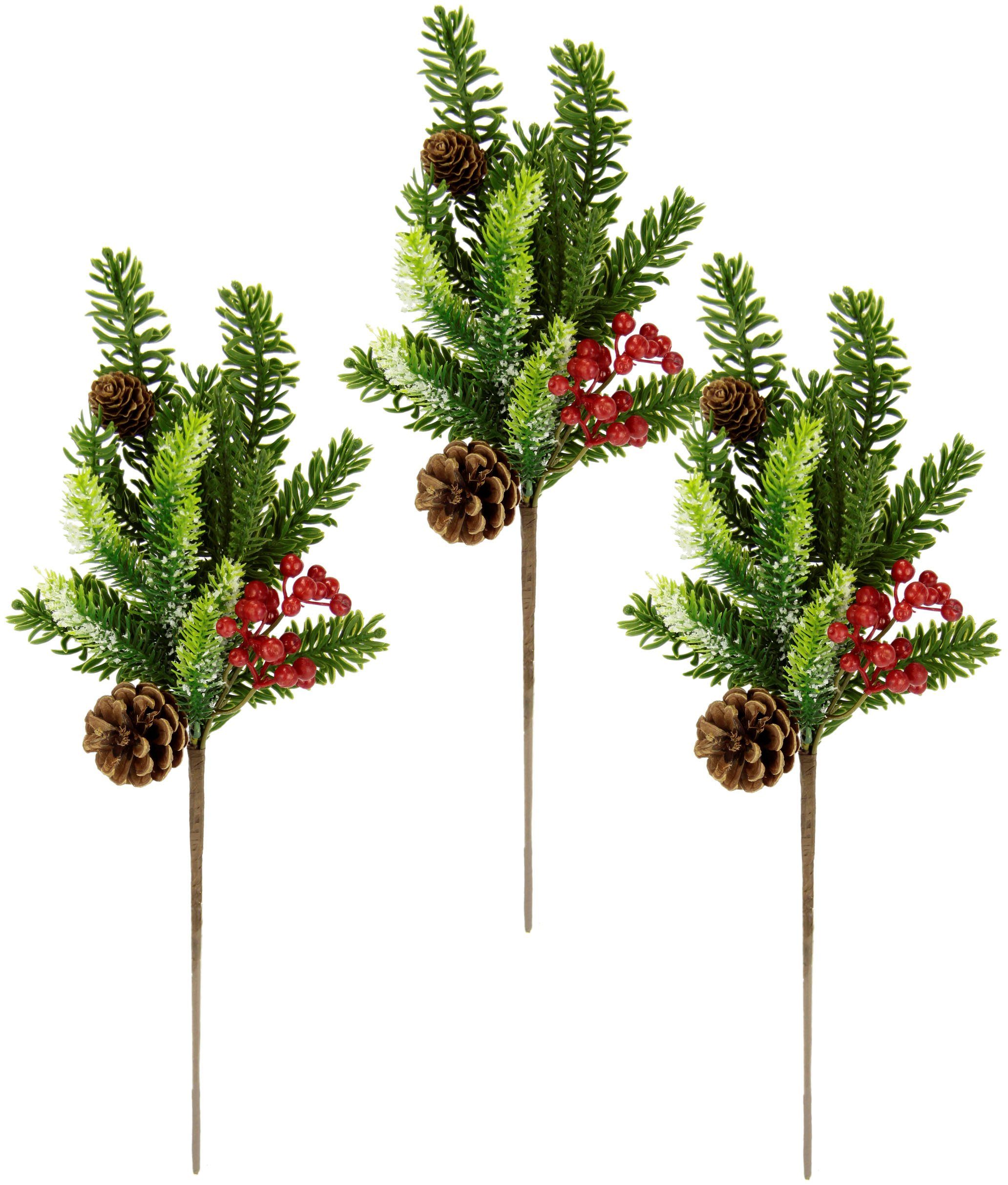 Winterliche Kunstpflanze Kunstzweig, Weihnachtsdeko Tannenzweig, I.GE.A., Höhe 45 cm, mit echten Zapfen und Beeren, 3er Set, grün, rot, natur