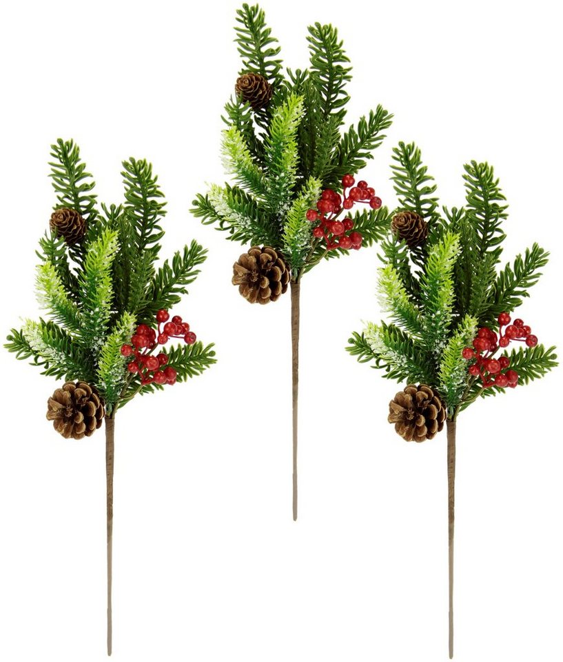 Winterliche Kunstpflanze Kunstzweig, Weihnachtsdeko Tannenzweig, I.GE.A.,  Höhe 45 cm, mit echten Zapfen und Beeren, 3er Set, grün, rot, natur