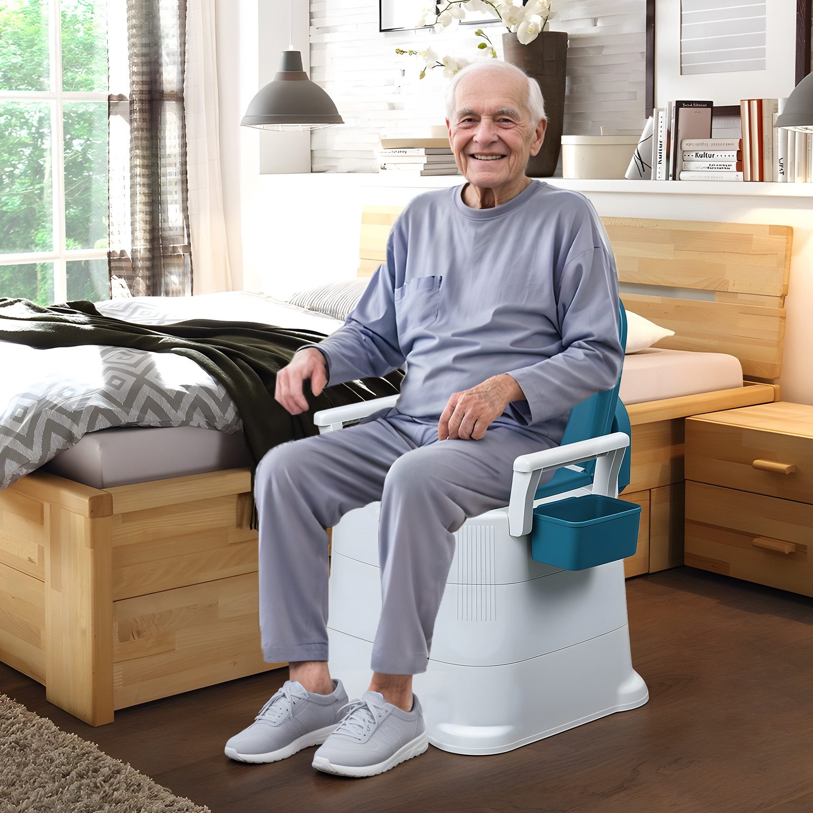 Rutaqian Toiletten-Stuhl Mobiler Nachttisch-Toilettenstuhl für Senioren Erwachsene,bis 150 KG, Campingtoilette mit Eimer,Tissue-Aufbewahrungsbox,Tragbare Duschstuhl
