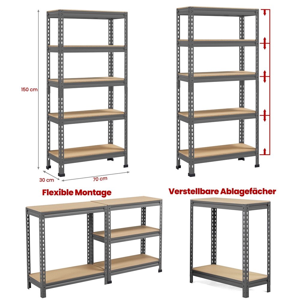 Yaheetech Schwerlastregal mit 5 Verstellbaren Ablagen, Lagerregale 70 cm breit, Kellerregal Metall – Bild 2 von 5