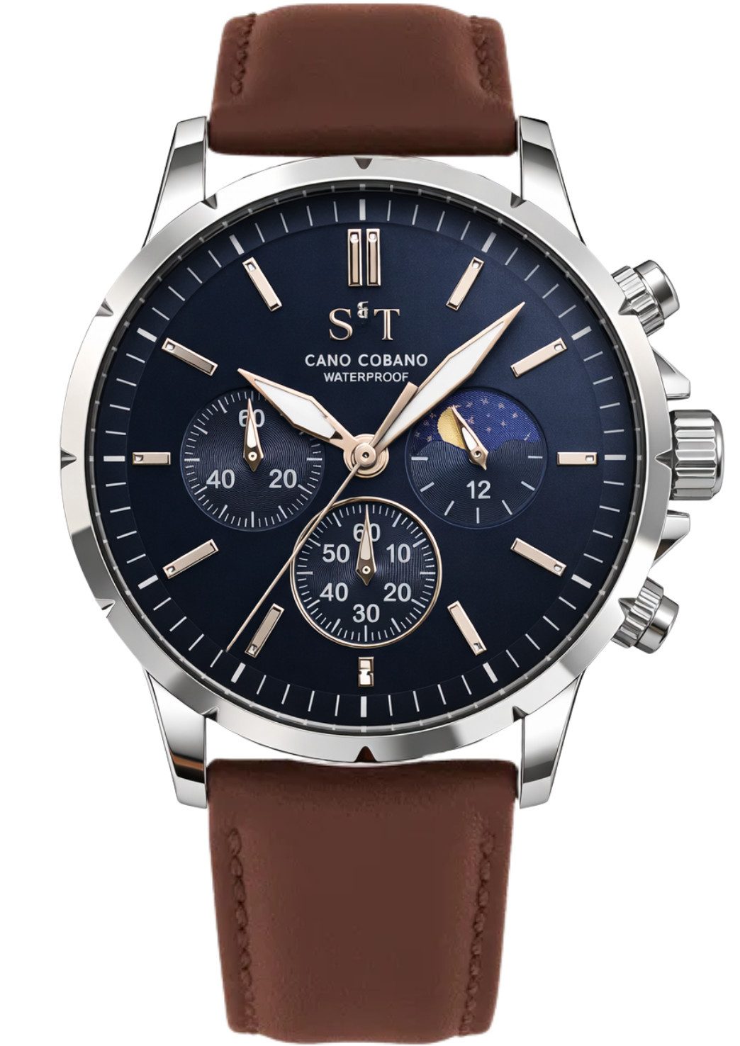 S&T Design Quarzuhr Chronograph Herrenuhr Leder Armbanduhr Braun Edelstahl Cano Cobano, (Packung, 1-tlg., mit Uhrenbox), Männer Uhr Wasserdicht Datum Business Uhr Leder Geschenke für Männer