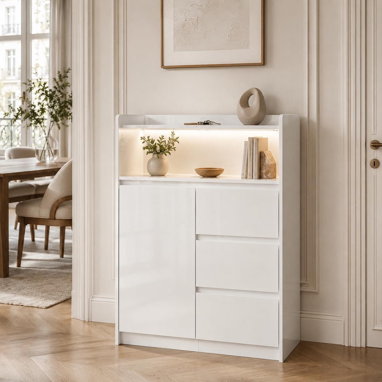 FUFU&GAGA Kommode Hochglanz Highboard mit 3 Schubladen, 110 cm hoch, mit LED-Beleuchtung