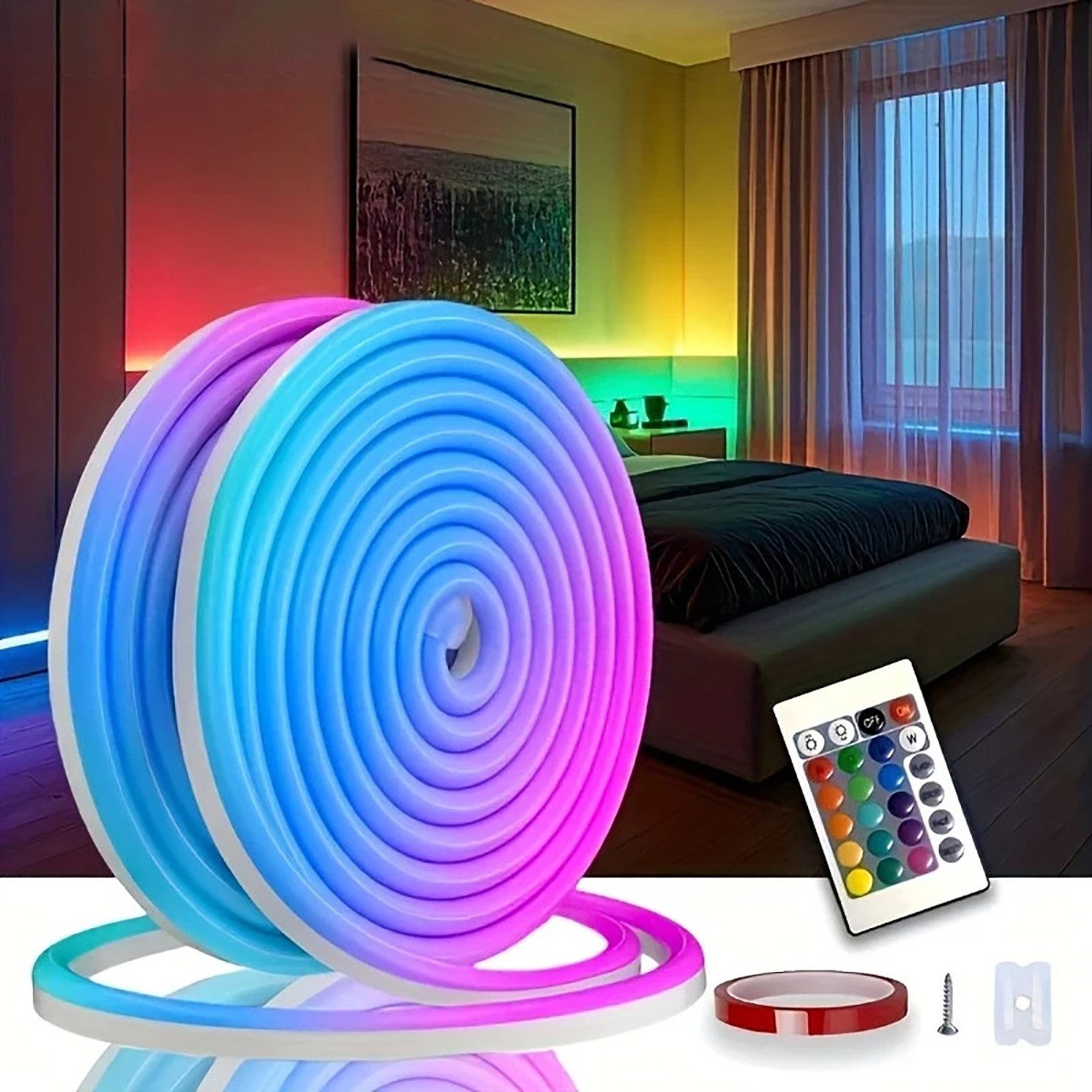 wohnTRAUM24 LED Stripe 5M Neon LED Strip Streifen RGB Schlauch diffus Lichtband 128 LEDs/m, Musiksyn, wasserdicht, App und Fernbedienung