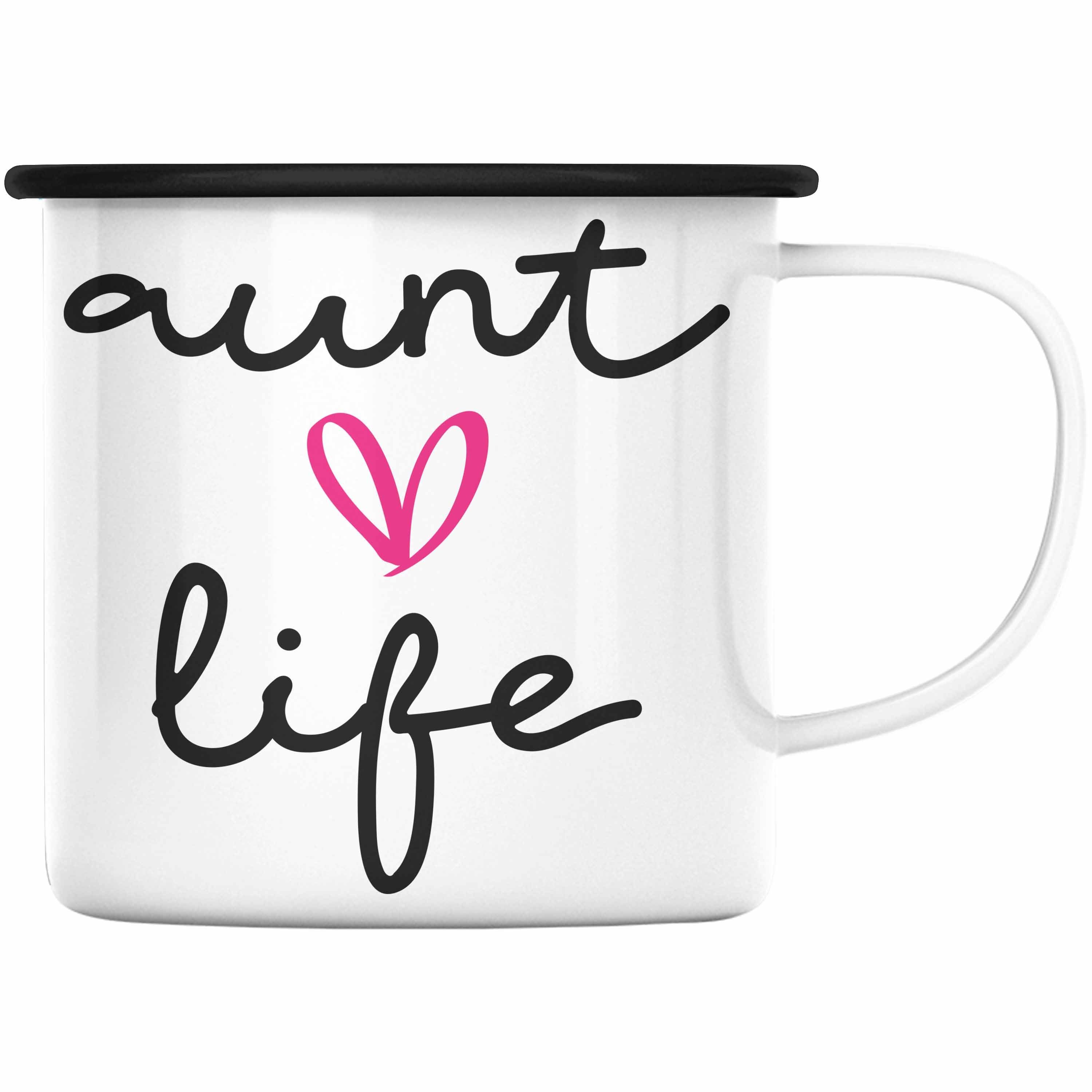 Trendation Thermotasse Trendation - Aunt Life Tante Emaille Tasse Geschenk für Beste Tante Kaffeetasse Geschenkidee Tante Geburtstag Lustig Schwarz