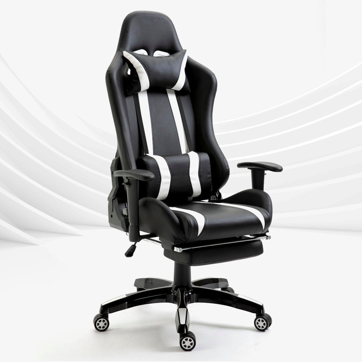 SVITA Gaming Chair GAMYX (1 St), ausziehbare Fußablage, verstellbare Armlehnen, Lenden- & Nackenkissen Schwarz mit weißen Streifen | Schwarz mit weißen Streifen