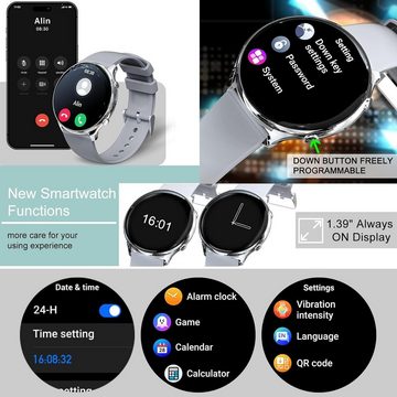 Fsdibst Smartwatch (1,39 Zoll, Android iOS), mit Telefonfunktion Fitnessuhr Damen Runde Mit 120 Sportmodi Spo2 Uhr