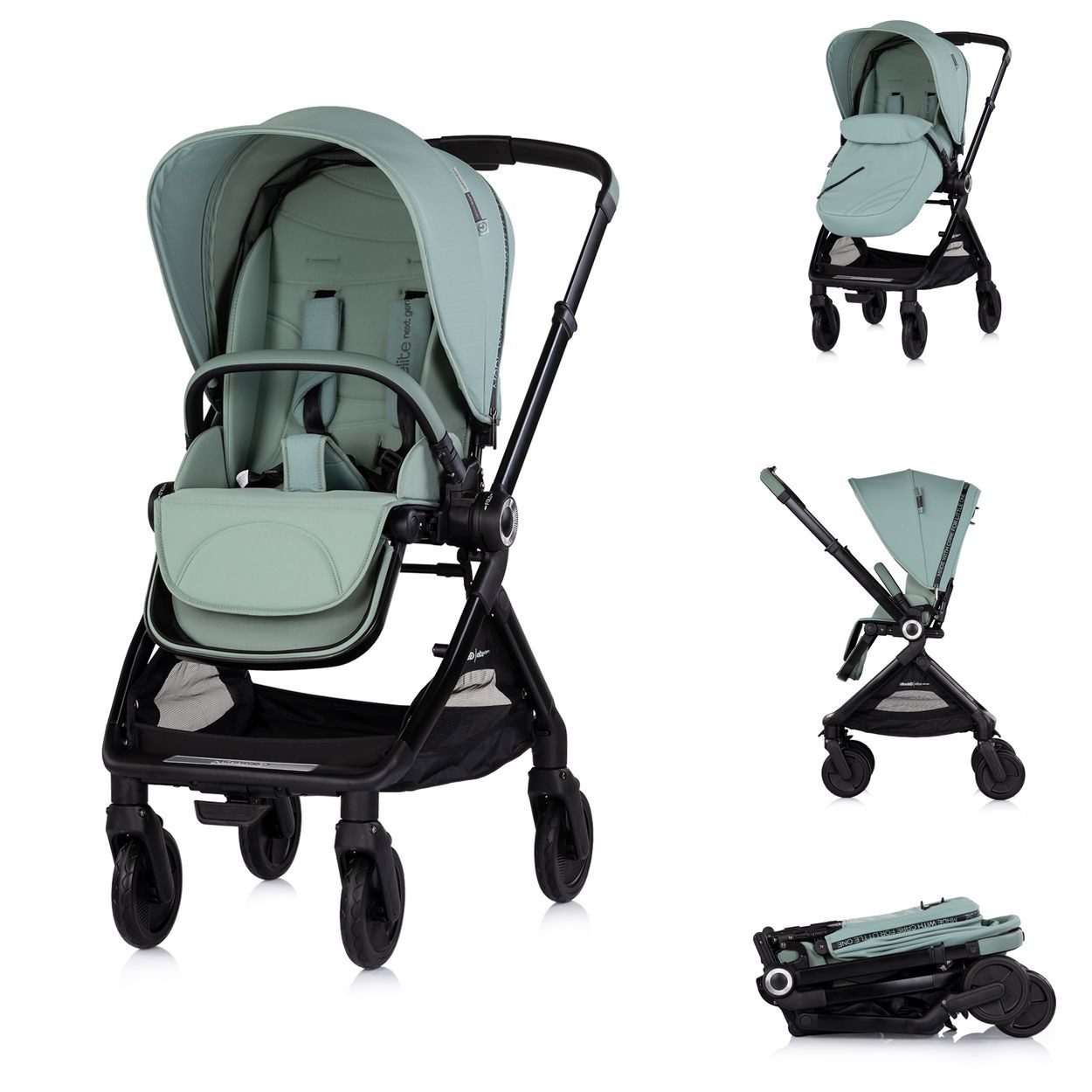 Chipolino Kinder-Buggy Kinderwagen Elite next GEN, Tasche klappbar Fußsack Moskitonetz grün