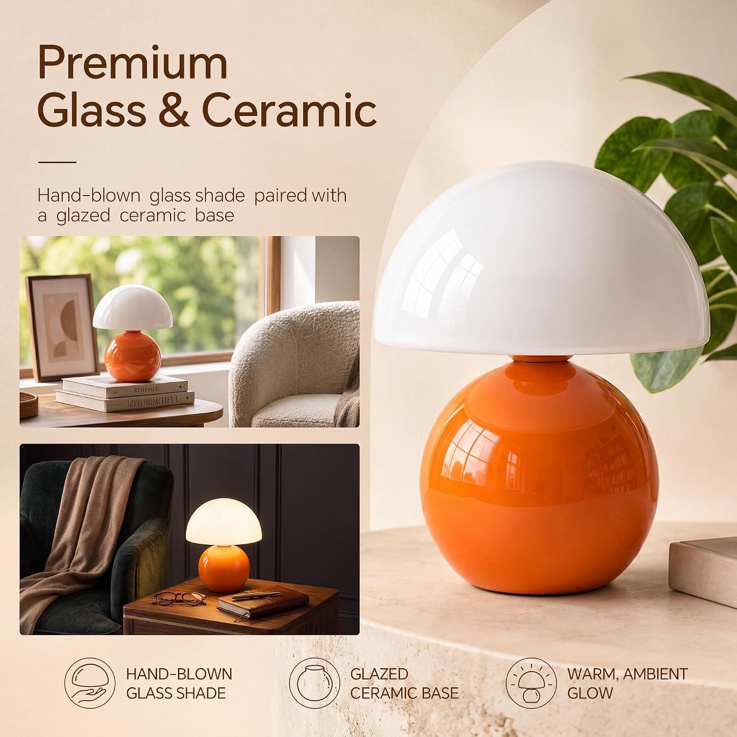 FELIXLEO Außen-Tischleuchte Pilz Tischlampe LED Dimmbar Keramik Glas Orange
