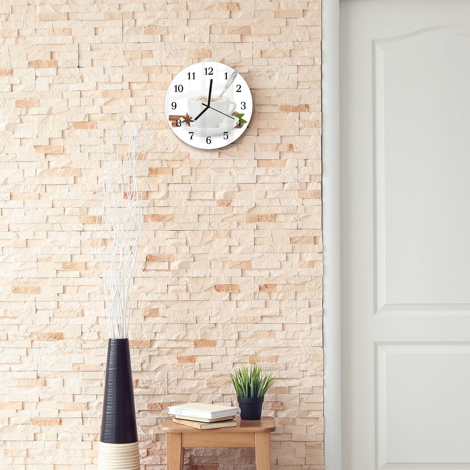 Primedeco Wanduhr Rund aus 30 mit Zimt cm und Motiv mit Kaffee - Quarzuhrwerk Glas Wanduhr Durchmesser und