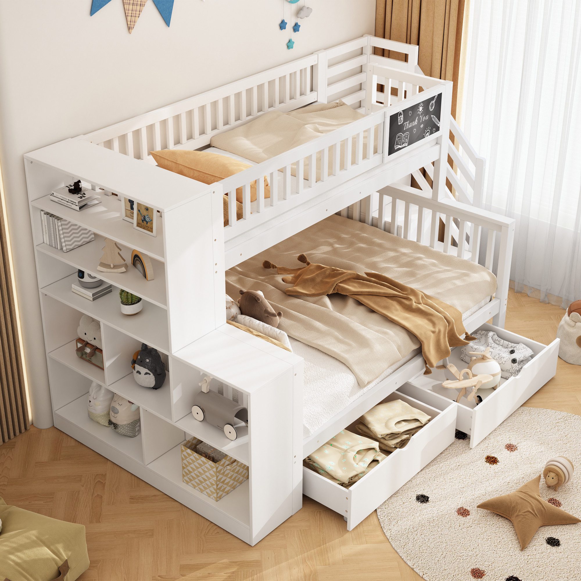 Flieks Etagenbett, Kinderbett 90x200cm+140x200cm mit Tafel, 2 Schubladen, Stauraumtreppe