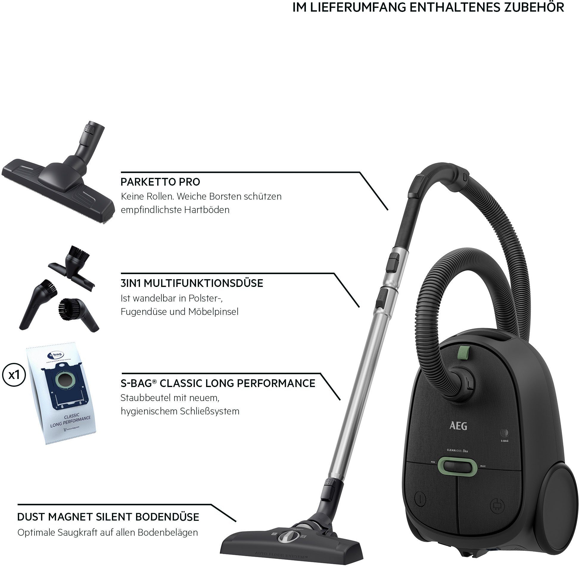 AEG Bodenstaubsauger CLEAN 6000 (AB61C2ÖKO/AB61C1WP/AB61C2DBS), hohe Saugleistung, 750 W, mit Beutel, inkl. Zusatzdüsen, 65 % Recyclingkunststoff
