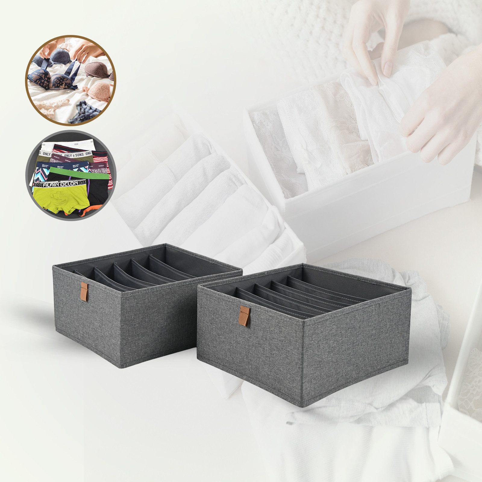 hausleben Organizer Box 2er Set – 6 Fächer je Box, Faltbare Aufbewahrungsbox aus Stoff 30x30x15cm