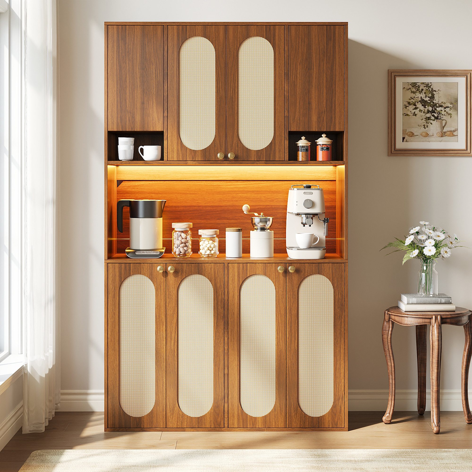 Merax Hochschrank mit PE-Rattan-Türen und LED-Beleuchtung (1-St) Sideboard Küchenschrank mit Hausbar, 8 Türen & Stauraum, 106x40x178cm