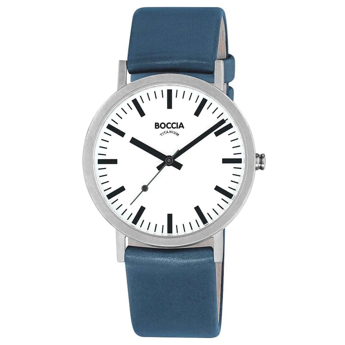Boccia Quarzuhr 3651-24, Herrenuhr Titan mit Lederband Azurblau