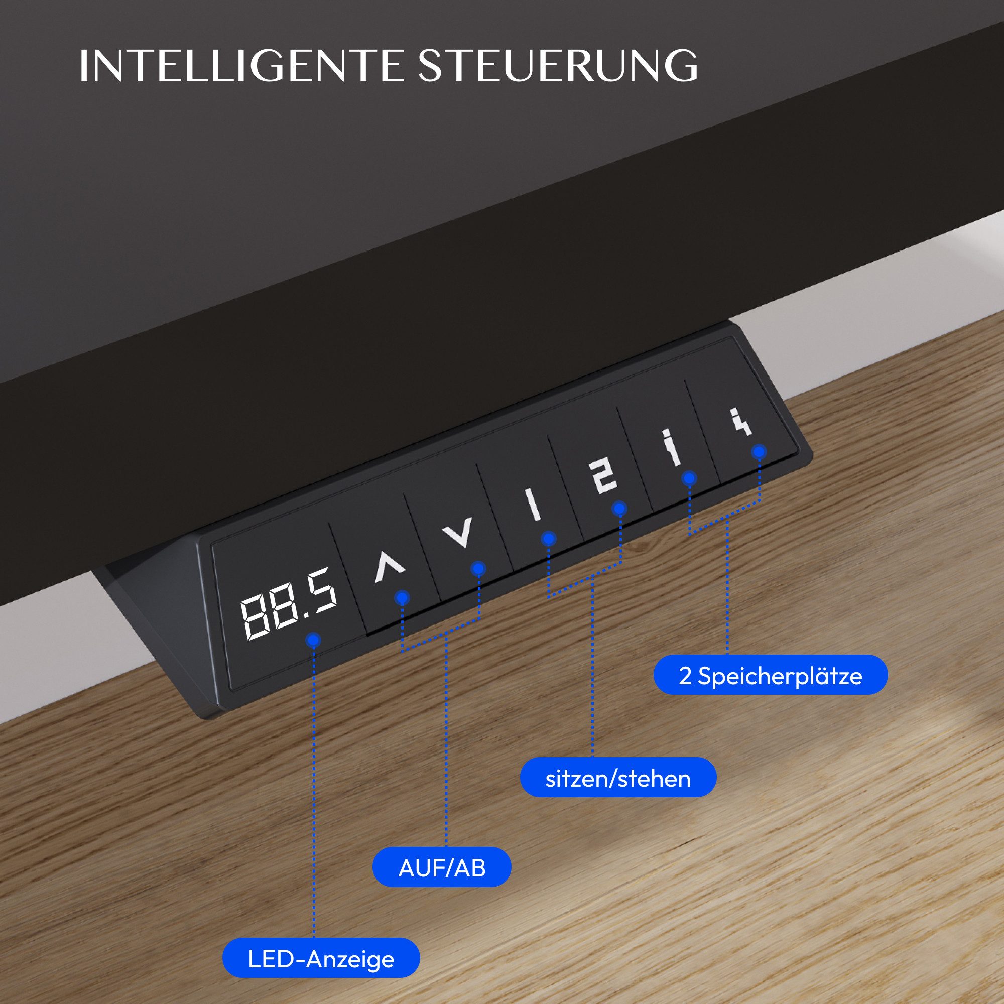 FLEXISPOT Schreibtisch Basic-Series Elektrisch höhenverstellbarer Schreibtisch (Anti-Kollisions-system, 2- Fach-Teleskop, mit Becherhalter & Kabelkanal & Haken & Aufbewahrungsbox, LED-Display), MAX. Load: 100kg, 100/110/120/140/160, MIT einteilige Tischplatte