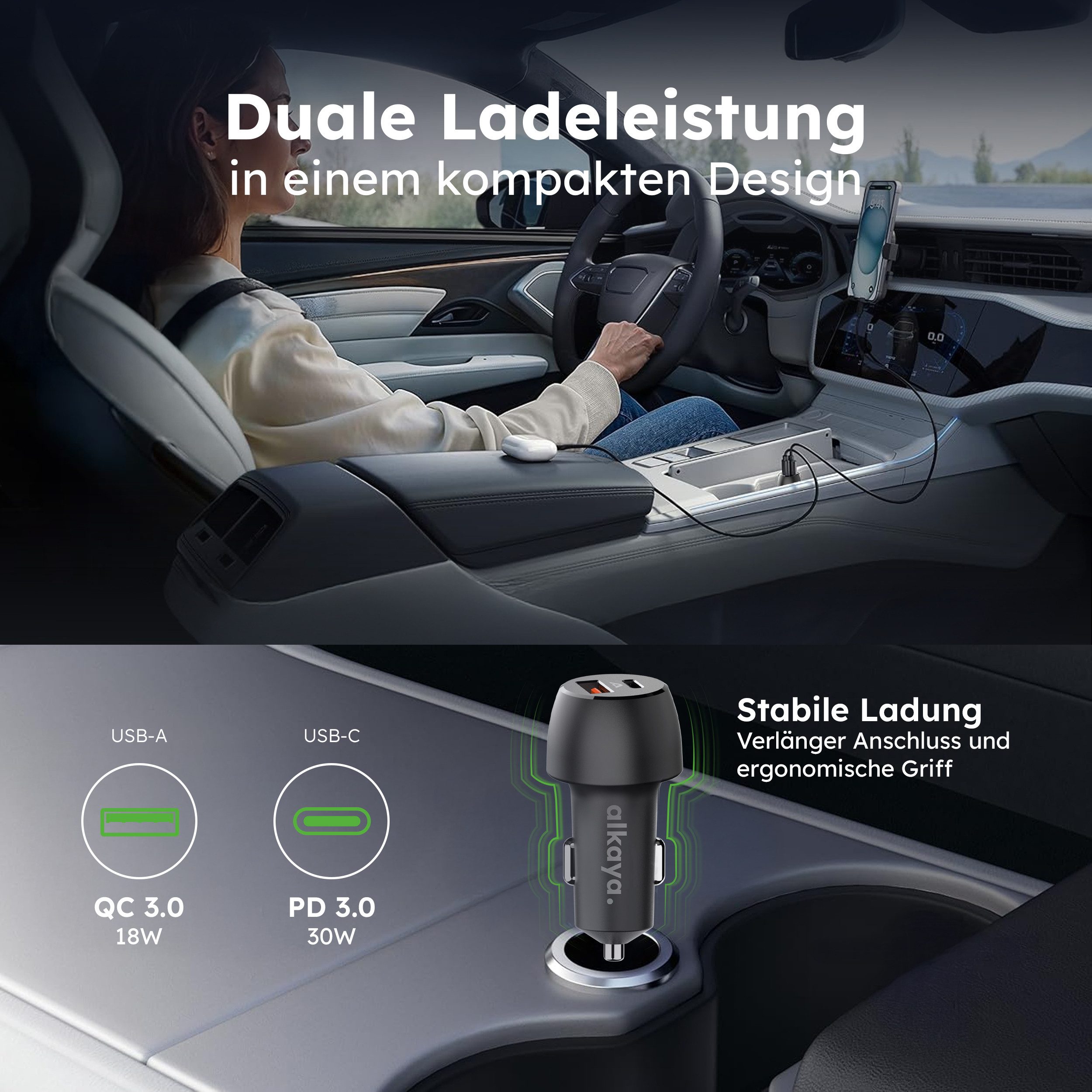 alkaya. Cigarette lighter USB-C + USB-A, car/vehicle charger, car adapter USB Type A, USB-C, car/vehicle adapter 2 ports - Black