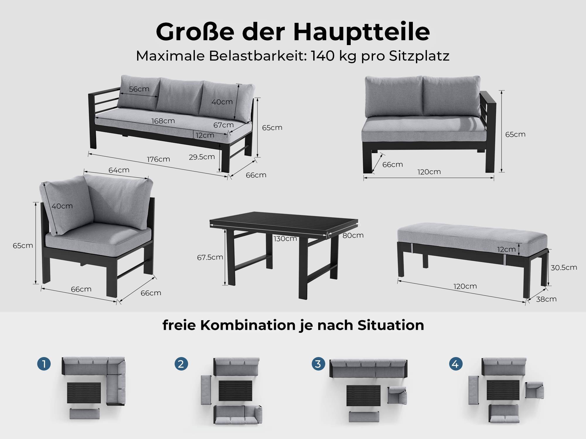 MeXo Gartenlounge-Set XXL Gartenmöbel Set Aluminium für 6-8 Personen, (Dining Loungeset Outdoor, 5-tlg., mit 12 cm dicken Sitzkissen, pflegeleichte Polywood-Tis – Bild 3 von 5