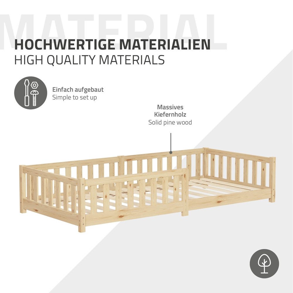 ML-DESIGN Spielbett Bodenbett Holzbett mit Lattenrost & Rausfallschutz Jugendbett Babybett, Abenteuerbett 90x200cm Natur Kinderbett Bettgestell ohne Matratze – Bild 5 von 5