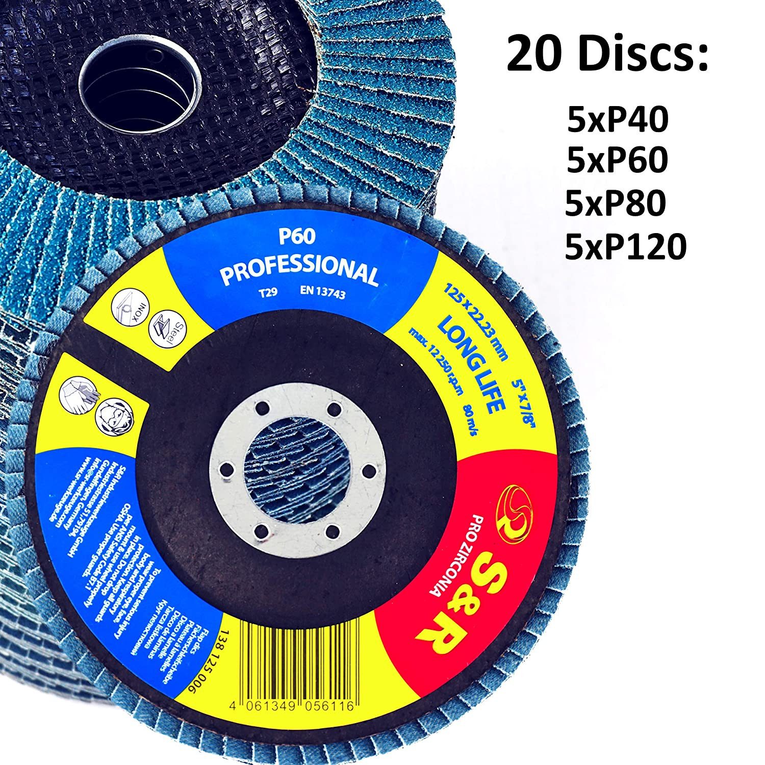 S&R Schleifscheibe Fächerschleifscheiben Set 20 St., 125 x 22,23 mm, Profi Qualität, (Set, 20 St., je 5x P40 / P60 / P80 / P120), Lamellenschleifer Satz für Stahl, Edelstahl