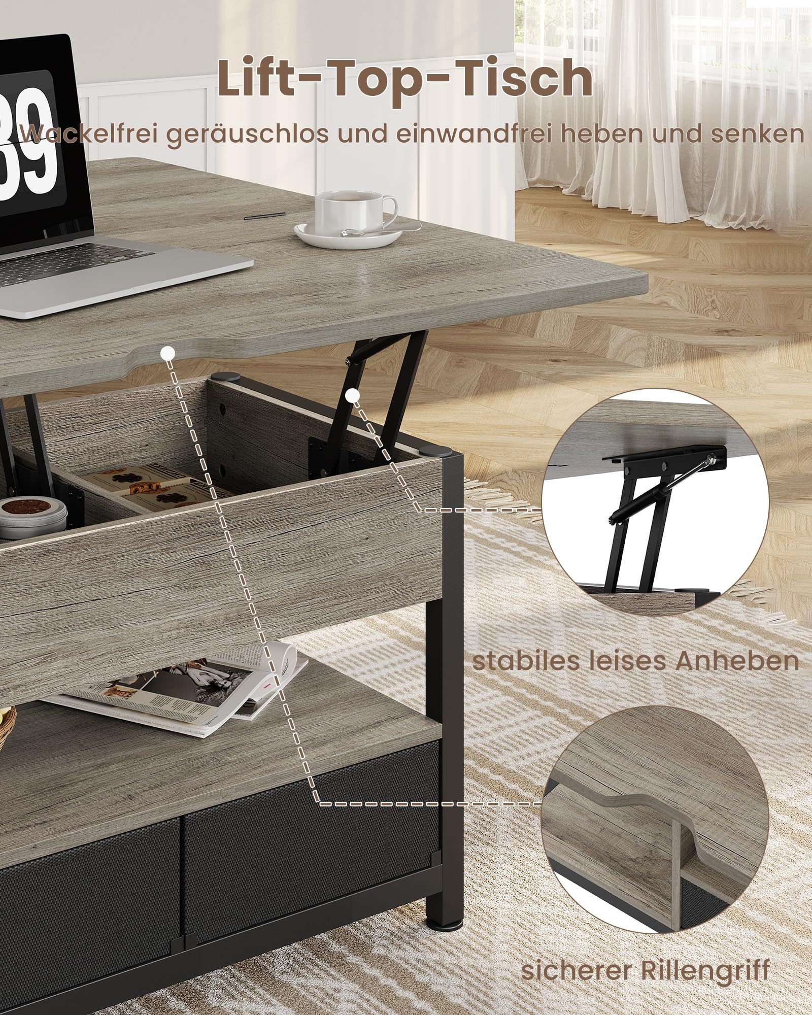 MSMASK Couchtisch 3-in-1-Multifunktions-Wohnzimmertisch mit 2 Schubladen, Kaffeetisch, Versteckte Aufbewahrung, 50T x 100B x 50H cm – Bild 5 von 5