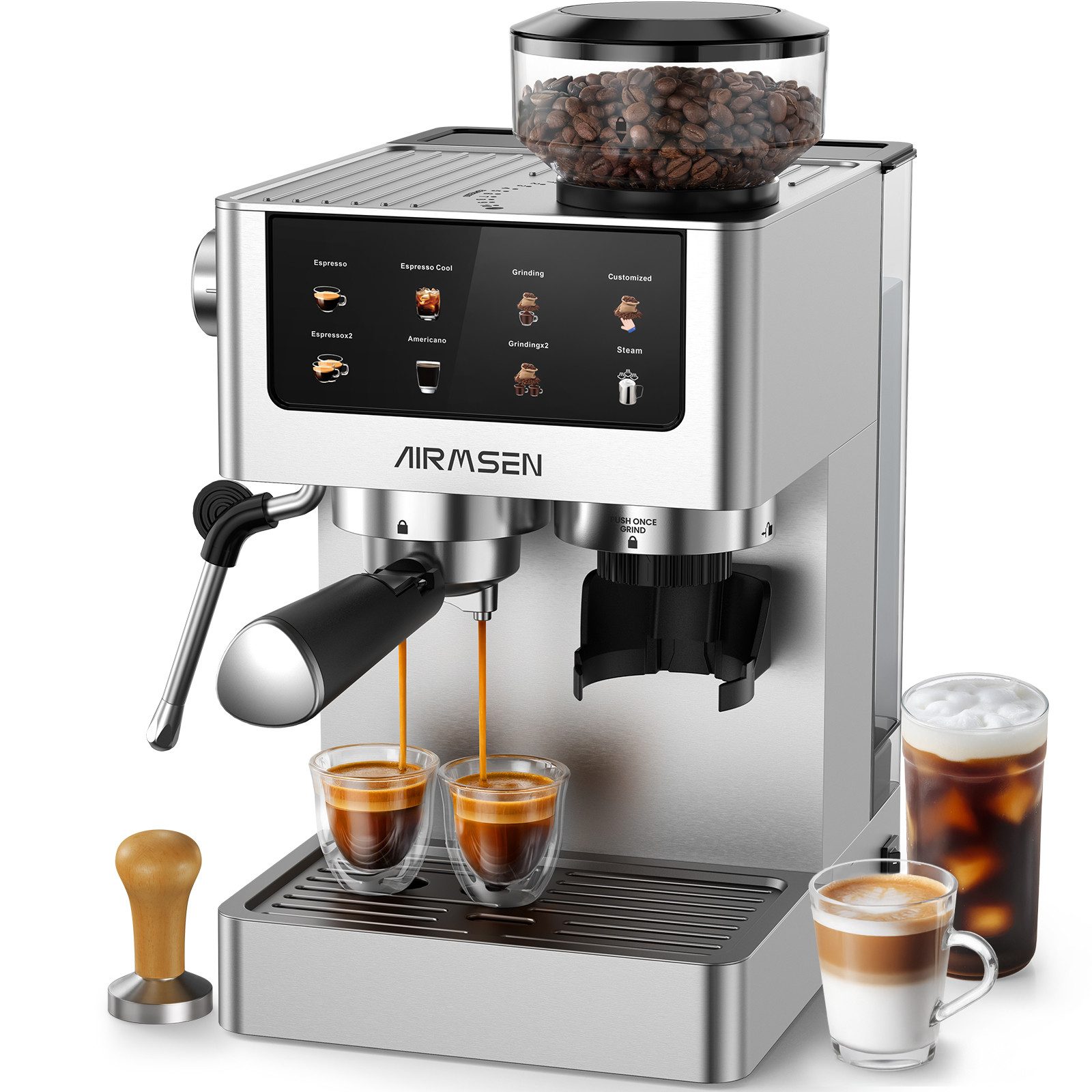Airmsen Espressomaschine mit integrierter Mahlfunktion,20 Bar,Cold Brew, Individuell einstellbare Mahlmenge & Kaffeeausgabe,siebträgermaschine