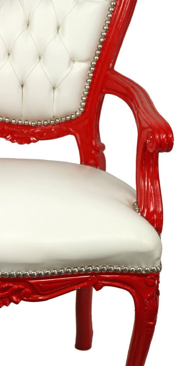 Casa Padrino Esszimmerstuhl / Möbel Kunstleder Esszimmer Stuhl Luxus Küchen Barock mit Weiß Handgefertigter mit Armlehnen - - Esszimmer edlem Barock Stuhl Rot
