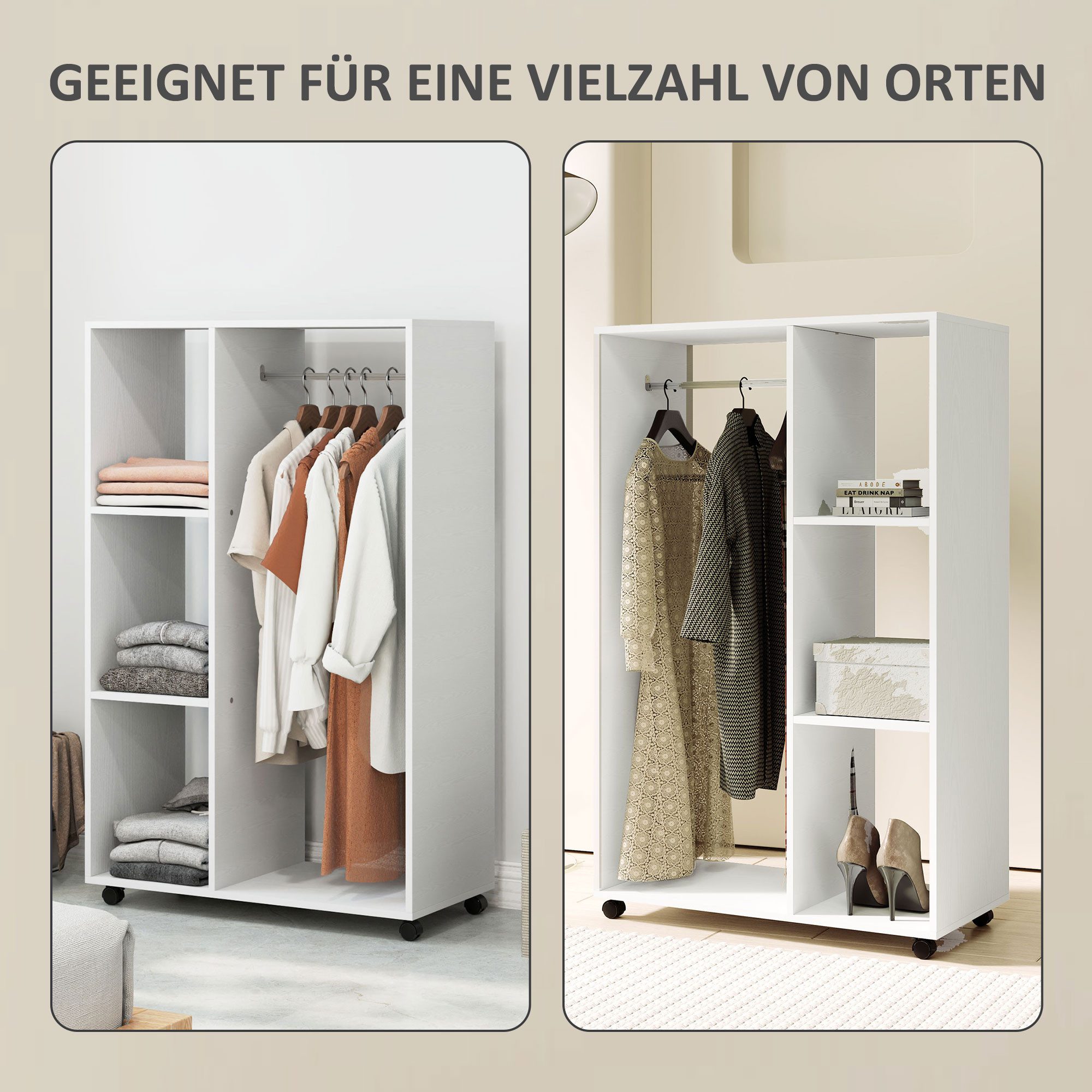 HOMCOM Garderobenschrank Kleiderschrank,auf Rollen,mobile Garderobe,Kleiderstange,3 Regale (Garderobenschrank, 1-St., Rollbarer Kleiderständer) für Flur, Schlaf – Bild 4 von 5