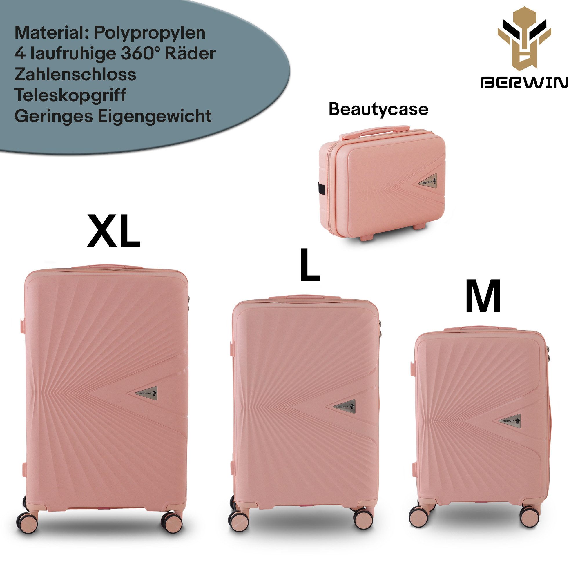 Berwin Trolleyset mit Beautycase Modell Cryta Dusty Rose, 4 Rollen, (Set, 4 tlg., MS-19761)