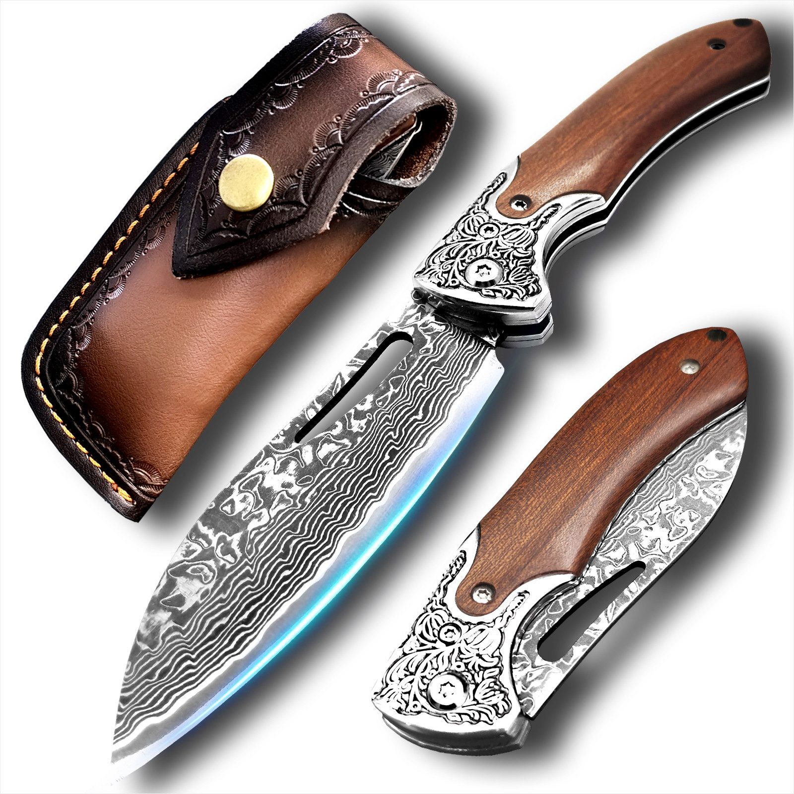 KingLux Damastmesser Damast Klappmesser, Outdoor Taschenmesser mit Gürteltasche Leder