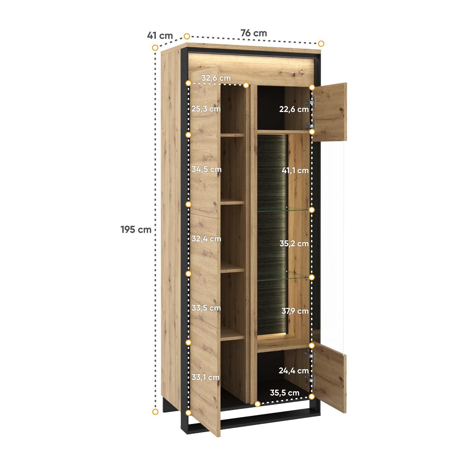 HAUSELEMENT Standvitrine QUANT QA-03 mit LED-Beleuchtung Vitrine Regalschrank 3 Türen Schrank Loft