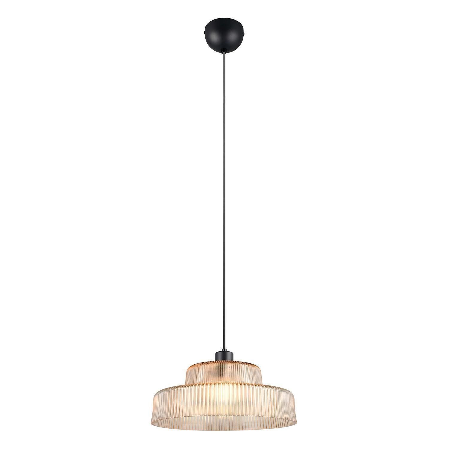 Reality Leuchten Pendelleuchte ABELLA, 1-flammig, Amberfarben, Schwarz, Metall, ohne Leuchtmittel, Lampenschirm aus Glas, Höhenverstellbar, Ø 35 x H 150 cm